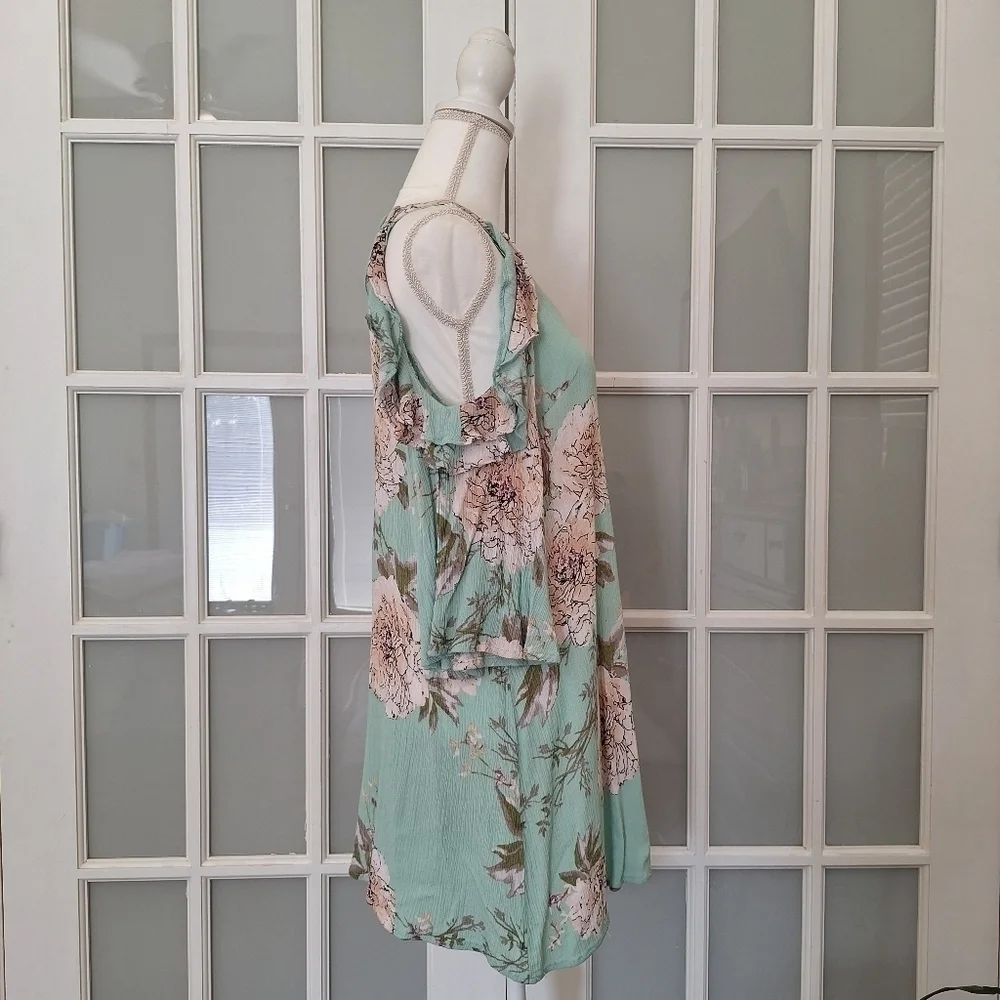 Blu Heaven Mint Green Floral Ruffle Cold-Shoulder Dress - Picture 6 of 14